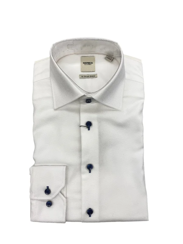 Serica Classics Semi Tapered 100% Cotton Textured Dress Shirt White/Blue Button - C2459114 15