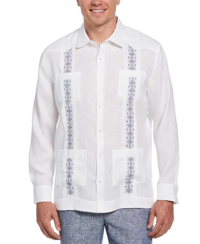 Solid Linen Guayabera Shirt With Contrast Embroidery