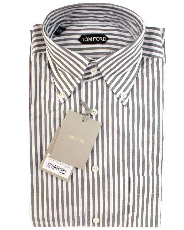 Tom Ford Button-Down Shirt Gray White Stripes Modern Fit 39 - 15 1/2 SALE